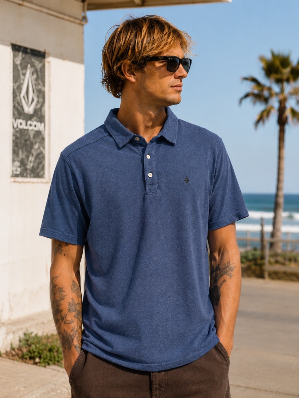 Volcom Wowzer Polo Blue Heather Men's XXL Embroidered Logo